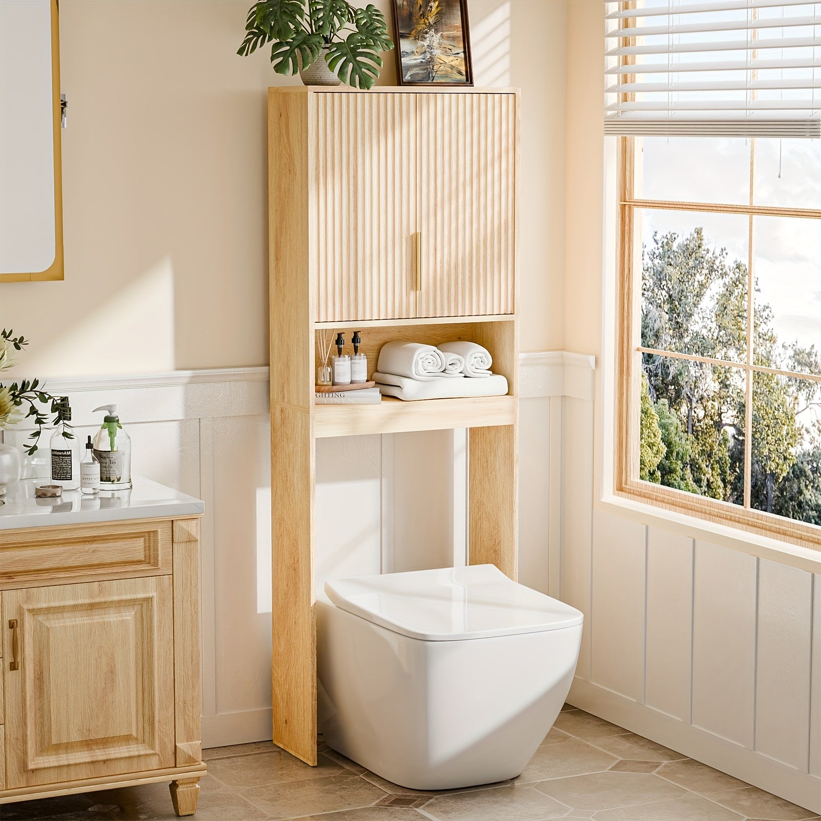 Over - Toilet Storage Cabinet, Fluted Double - Doors, 3 - Tier with Adjustable Shelf, Modern Wood Bathroom Organizer, Natural Oak Color, 41.73\