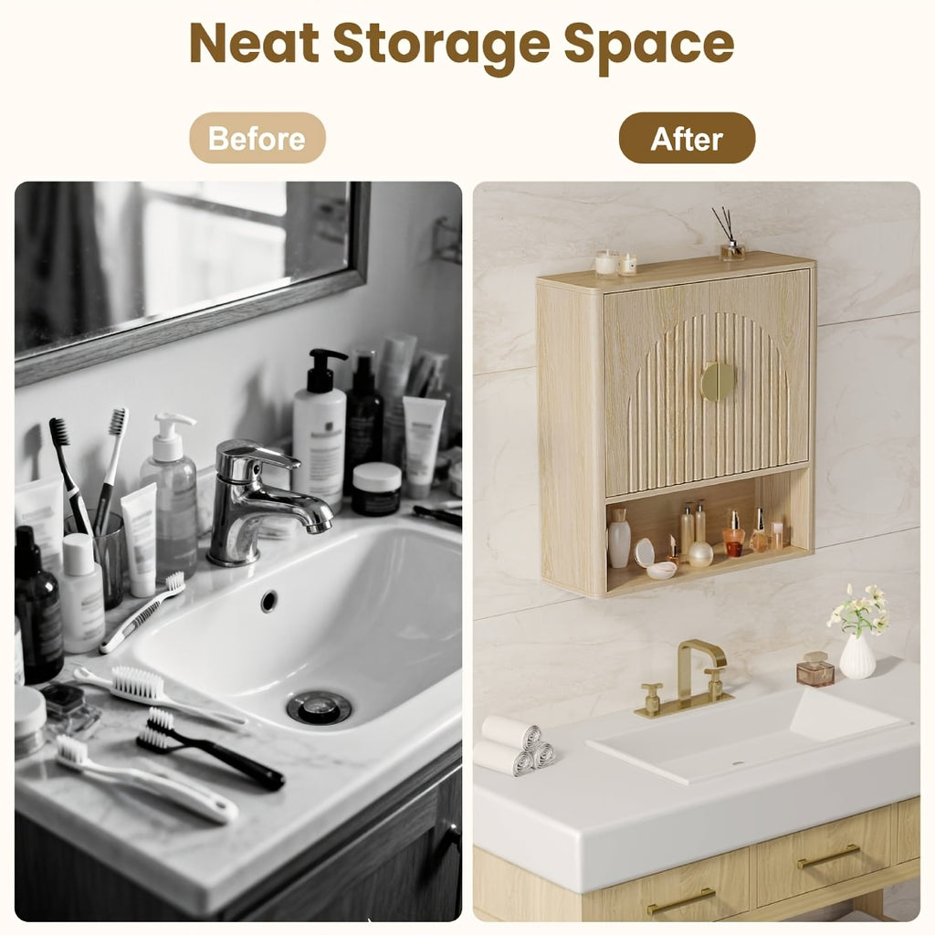 24.4-Inch Modern Recessed Bathroom Wall Cabinet with Golden Handles, Storage Cabinet Above The Toilet, Featuring Adjustable Shelves And Open Shelving, Suitable for Bathrooms, Vanities, And Laundry Rooms