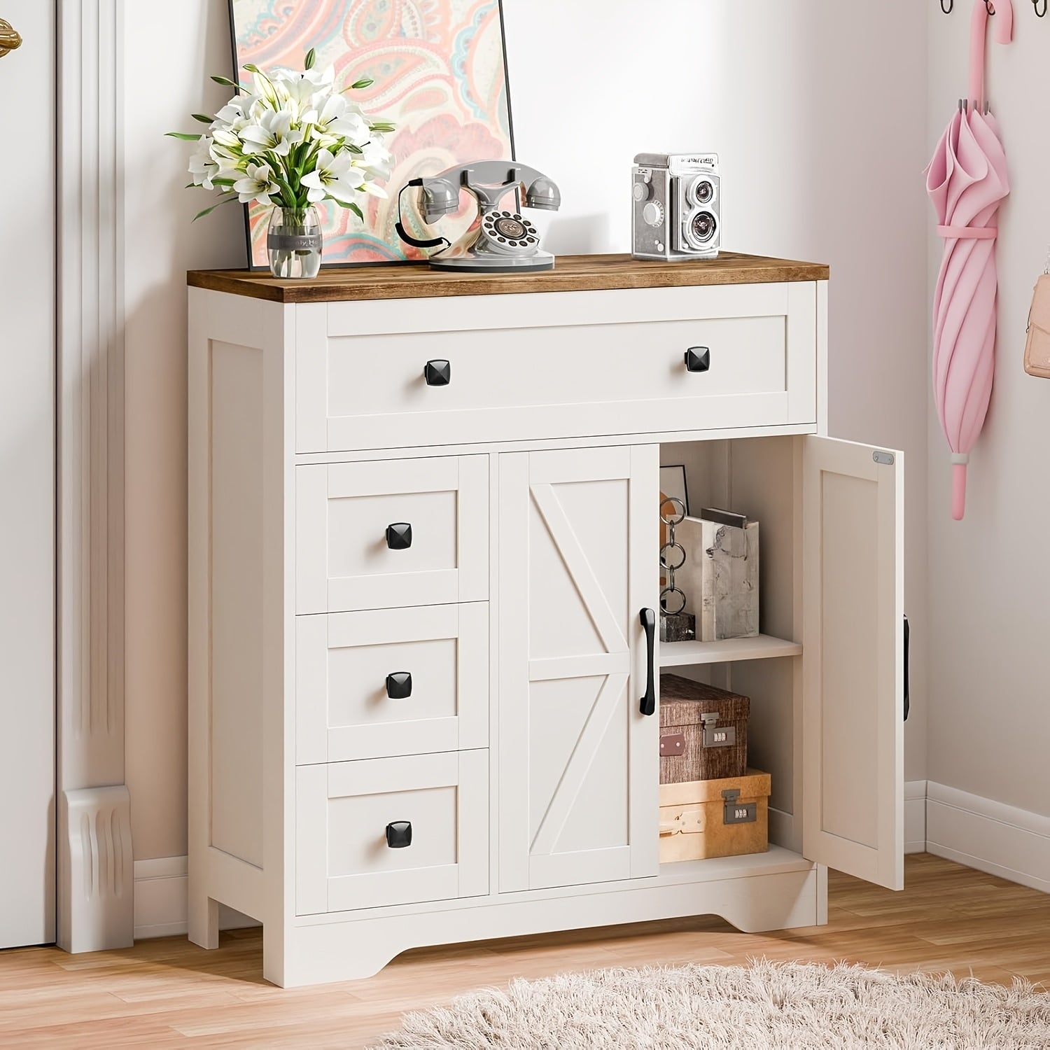 2 Door 4 Drawer Storage Cabinet Freestanding Bathroom Kitchen Organizer with Adjustable Shelves, Multi-Purpose Floor Cupboard for Living Room, Bedroom, Bathroom, Kitchen Pantry - Modern Home Storage Hutch