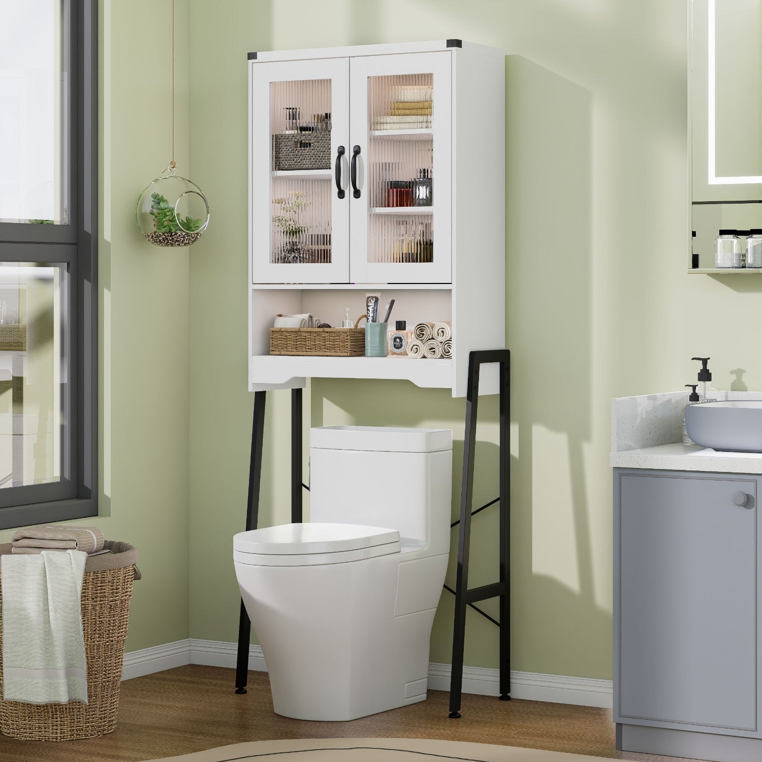 Optimize The Space in Your Bathroom! A Tall, Standalone Toilet Storage Cabinet Featuring Tempered Glass Doors And a Robust Metal Frame. It Is Adjustable And Easy to Assemble