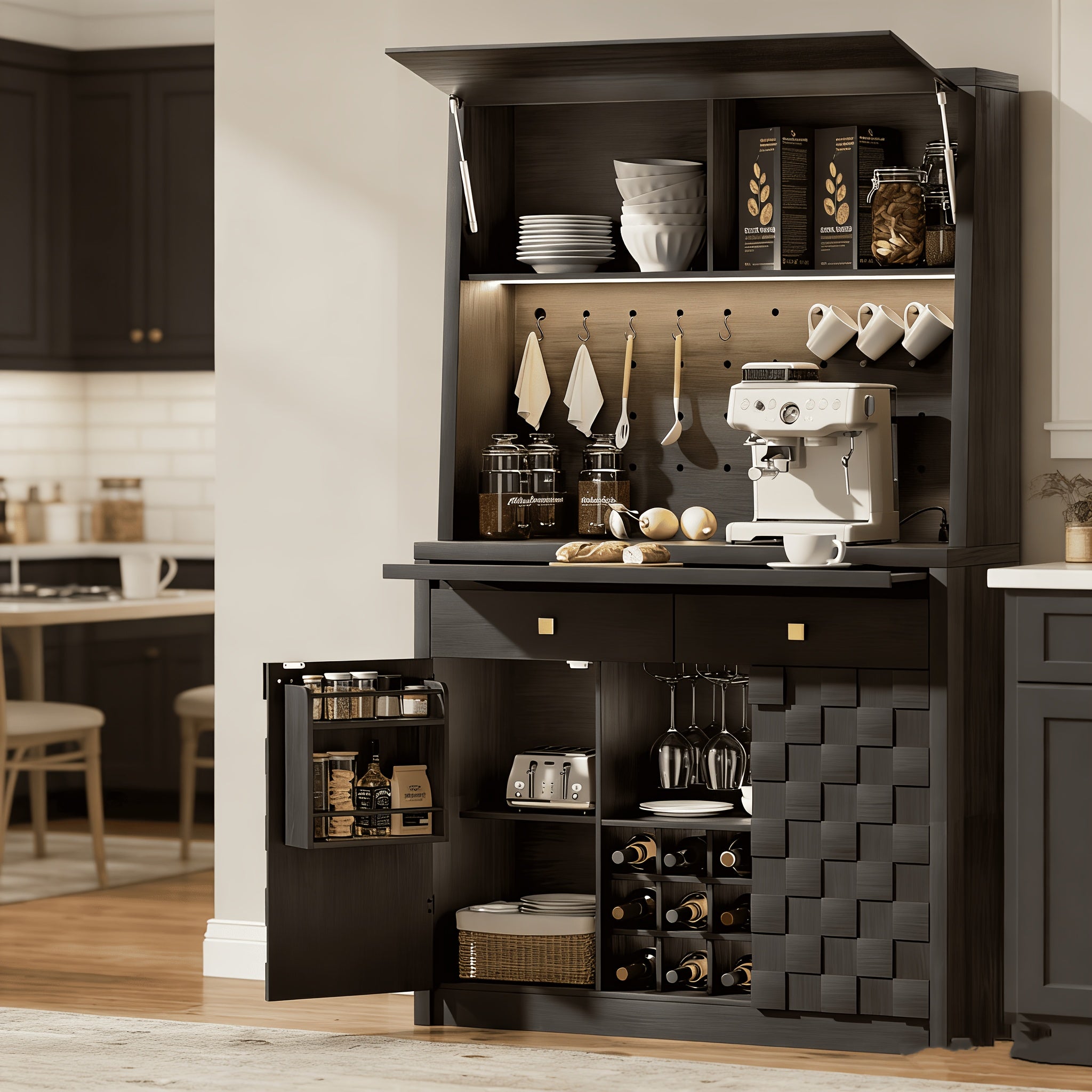 Tall Pantry Cabinet with Charging Station, Large Kitchen Hutch with Pegboard, Sideboard Buffet Cabinet with Drawers, Kitchen Cupboard with Hydraulic Flip Up Door for Dining Room