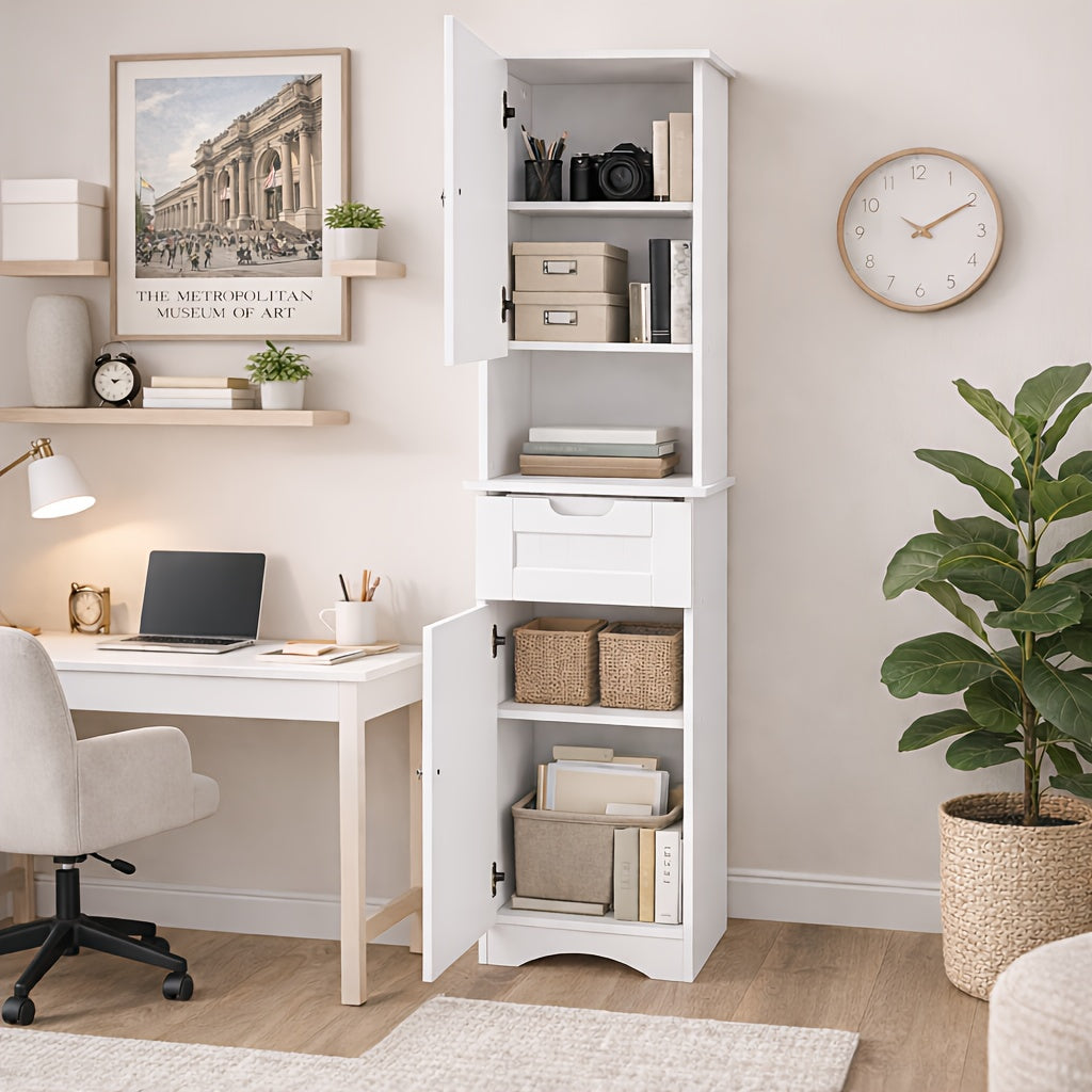 A Slender, Vertical Storage Unit for The Bathroom, Featuring Two Doors, a Drawer, And Open Shelving, Designed in a White Farmhouse Aesthetic, Suitable for The Bathroom, Laundry Area, Entryway, Or Study