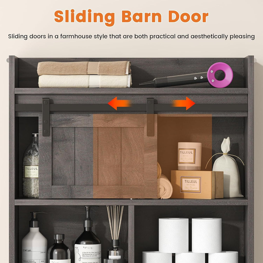 Semoic Over The Toilet Storage Cabinet, Over The Toilet Shelf with Sliding Door& Toilet Paper Holder Stand, Bathroom Above Toilet Storage, Home Space-Saving Toilet Rack for Bathroom, Restroom, Grey