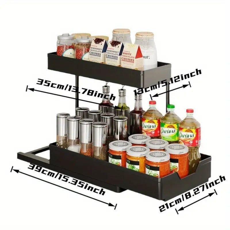 A Two-tier Pull-out Storage Rack Crafted with Meticulous Care, a Sink Countertop Organization and Storage Solution. This Bathroom Storage Shelf Is Easy to Disassemble, Featuring a Large-capacity and Portable Design. Ideal for Kitchen Storage