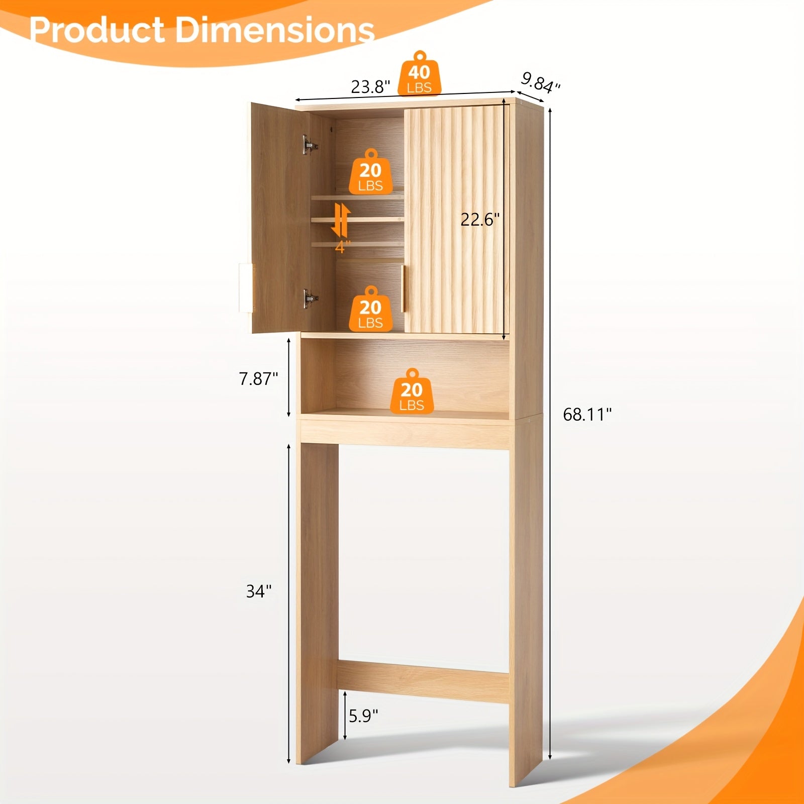Over - Toilet Storage Cabinet, Fluted Double - Doors, 3 - Tier with Adjustable Shelf, Modern Wood Bathroom Organizer, Natural Oak Color, 41.73\