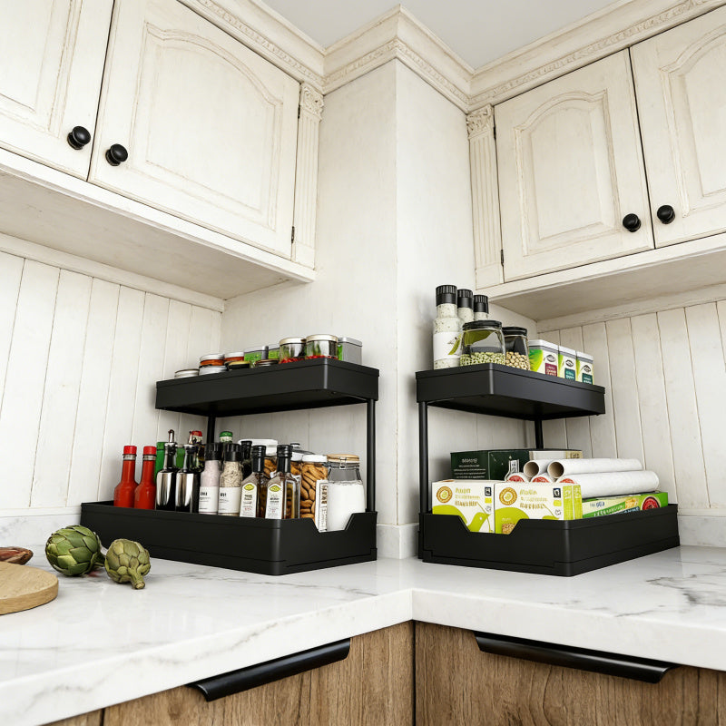 A Two-tier Pull-out Storage Rack Crafted with Meticulous Care, a Sink Countertop Organization and Storage Solution. This Bathroom Storage Shelf Is Easy to Disassemble, Featuring a Large-capacity and Portable Design. Ideal for Kitchen Storage