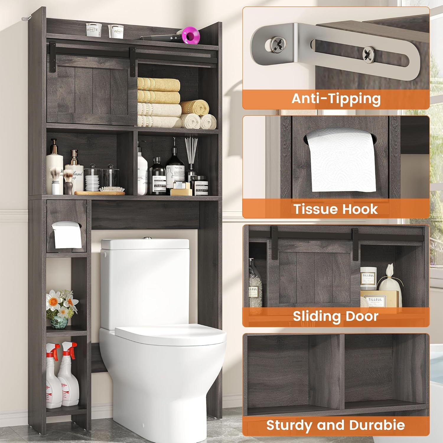 Semoic Over The Toilet Storage Cabinet, Over The Toilet Shelf with Sliding Door& Toilet Paper Holder Stand, Bathroom Above Toilet Storage, Home Space-Saving Toilet Rack for Bathroom, Restroom, Grey