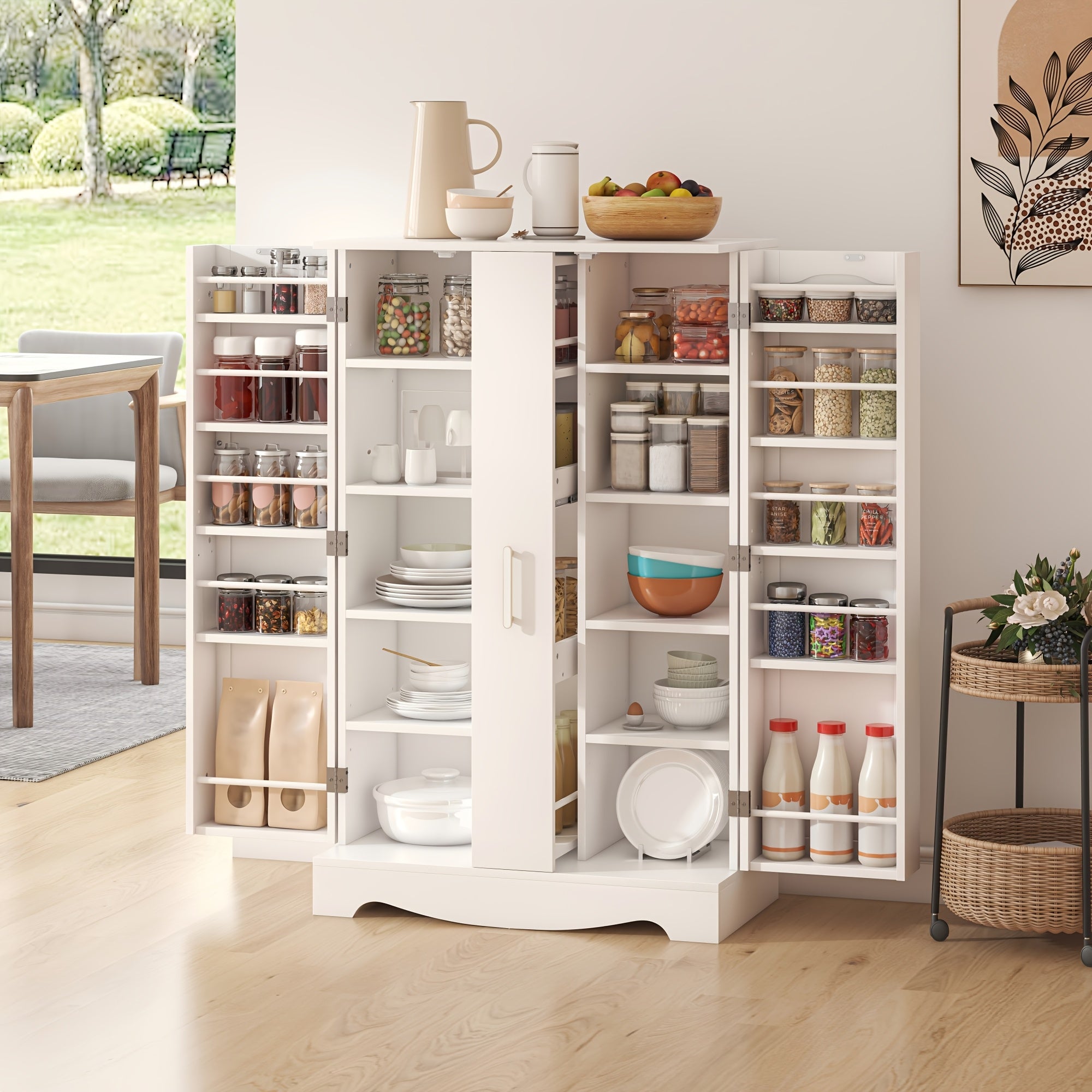 47 Inch Large Wooden Kitchen Storage Cabinets with Drawer and Adjustable Shelves, White Kitchen Pantry Storage Cabinet, Sturdy Buffet Cupboards Sideboard for Kitchen Dining Living Room Use