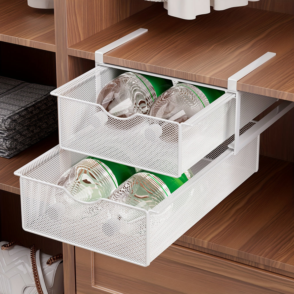 Stackable Pull-Out Drawer Baskets with Two Tiers - Ideal for Organizing Underwear, Socks, And Small Items, Suitable for Closet Shelves And Cabinets, in White