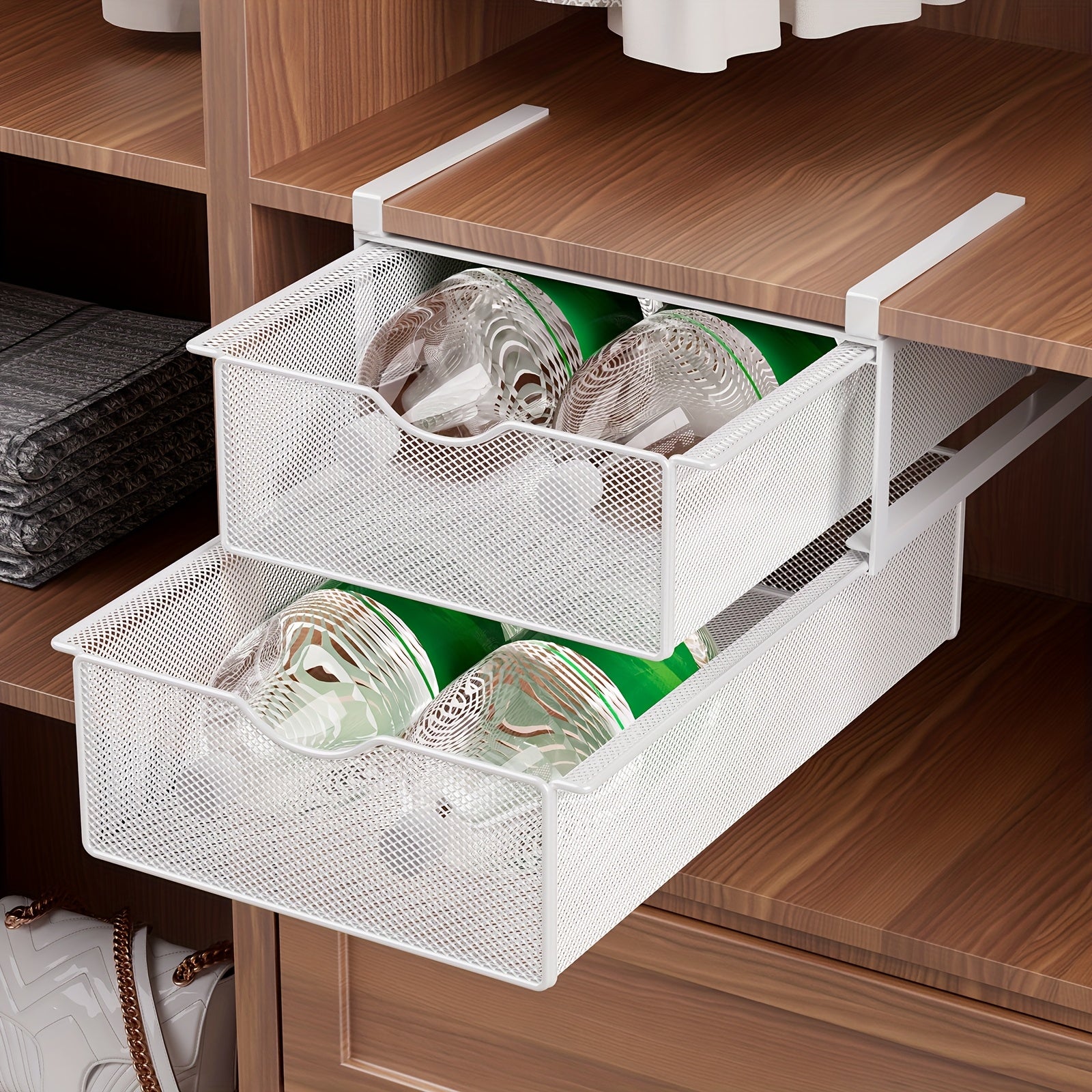 Stackable Pull-Out Drawer Baskets with Two Tiers - Ideal for Organizing Underwear, Socks, And Small Items, Suitable for Closet Shelves And Cabinets, in White