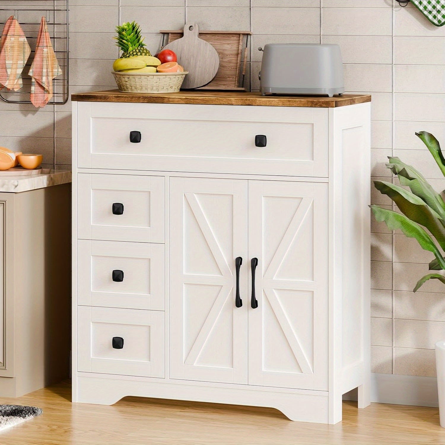 2 Door 4 Drawer Storage Cabinet Freestanding Bathroom Kitchen Organizer with Adjustable Shelves, Multi-Purpose Floor Cupboard for Living Room, Bedroom, Bathroom, Kitchen Pantry - Modern Home Storage Hutch