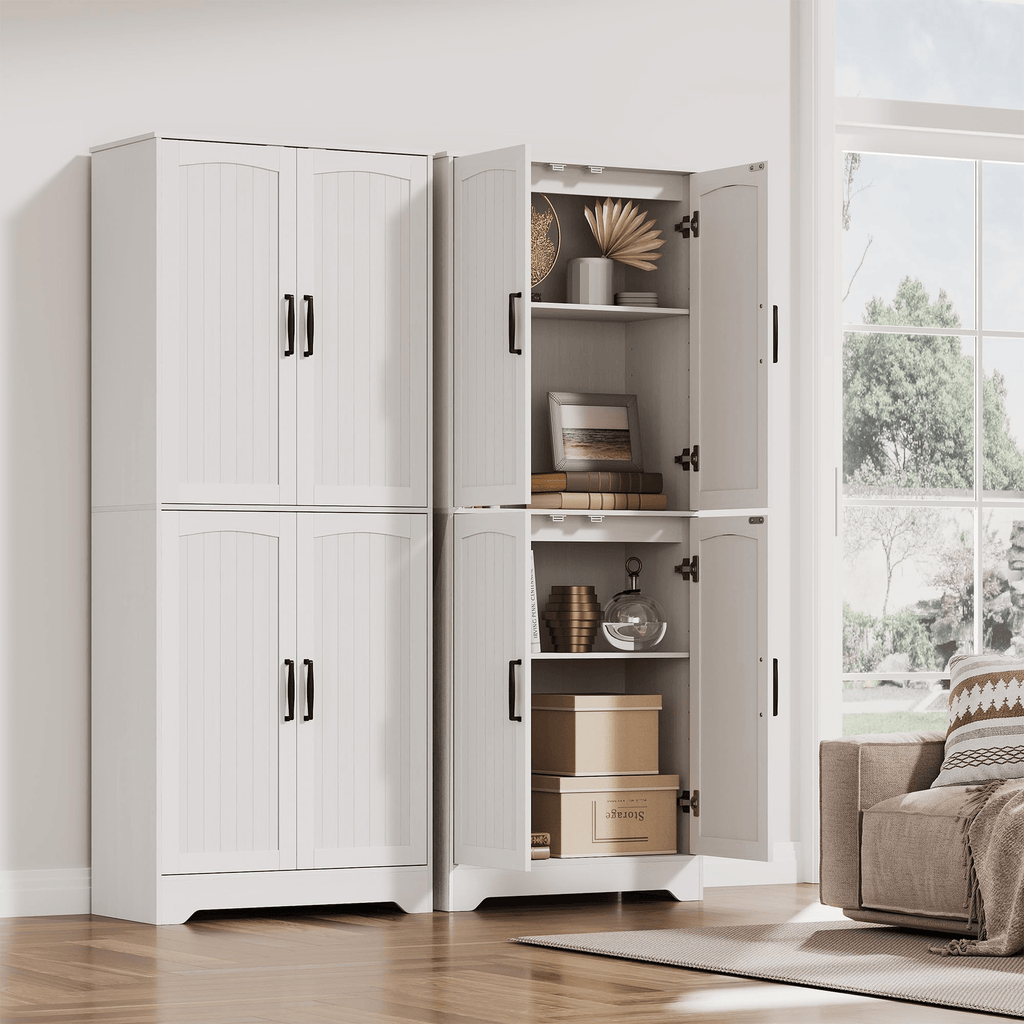 70-inch Tall Modern Farmhouse Pantry Cabinet with 4 Barn Doors & Adjustable Shelves - White Suitable for Kitchen, Living Room Storage,, Assembly, Housewarming Gift for Home, Bedroom, Entryway Organization