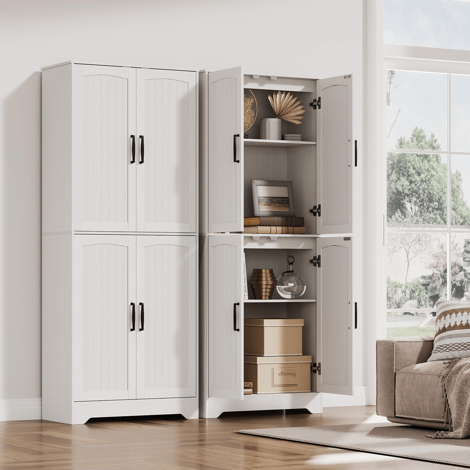 70-inch Tall Modern Farmhouse Pantry Cabinet with 4 Barn Doors & Adjustable Shelves - White Suitable for Kitchen, Living Room Storage,, Assembly, Housewarming Gift for Home, Bedroom, Entryway Organization