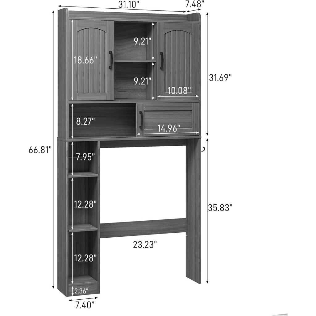 Grey Freestanding Over The Toilet Cabinet 3-in-1 Storage Organizer with Barn Doors Adjustable Shelves & Hooks Farmhouse Bathroom Storage