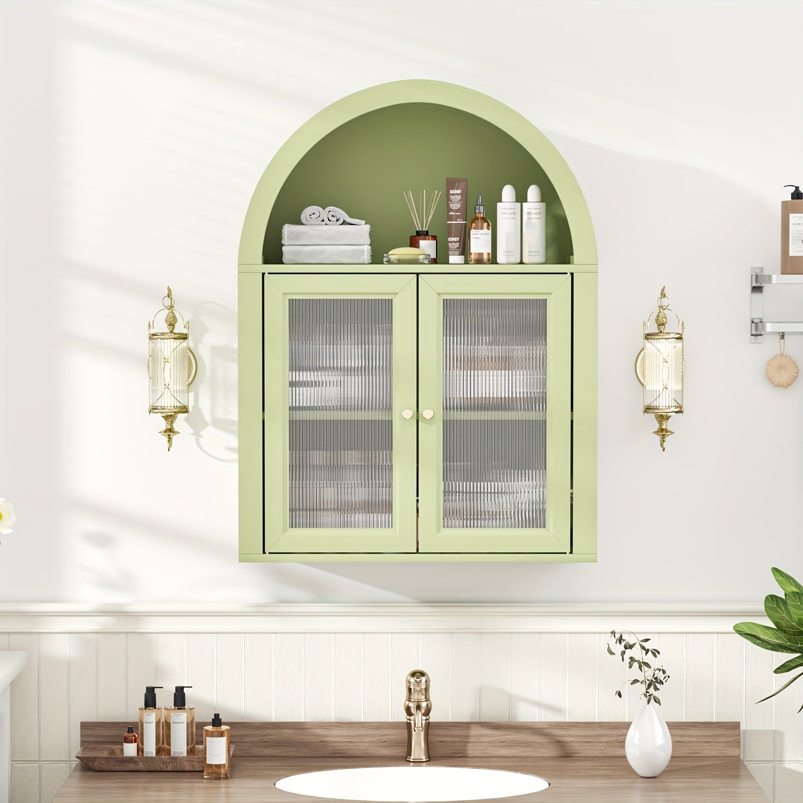 Arched Bathroom Wall Cabinets, Bohemian-style Medicine Cabinet With Acrylic Doors, Storage Cabinet Above The Toilet, Wall-mounted Adjustable Shelves (suitable For The Living Room), Laundry Room, Bathroom