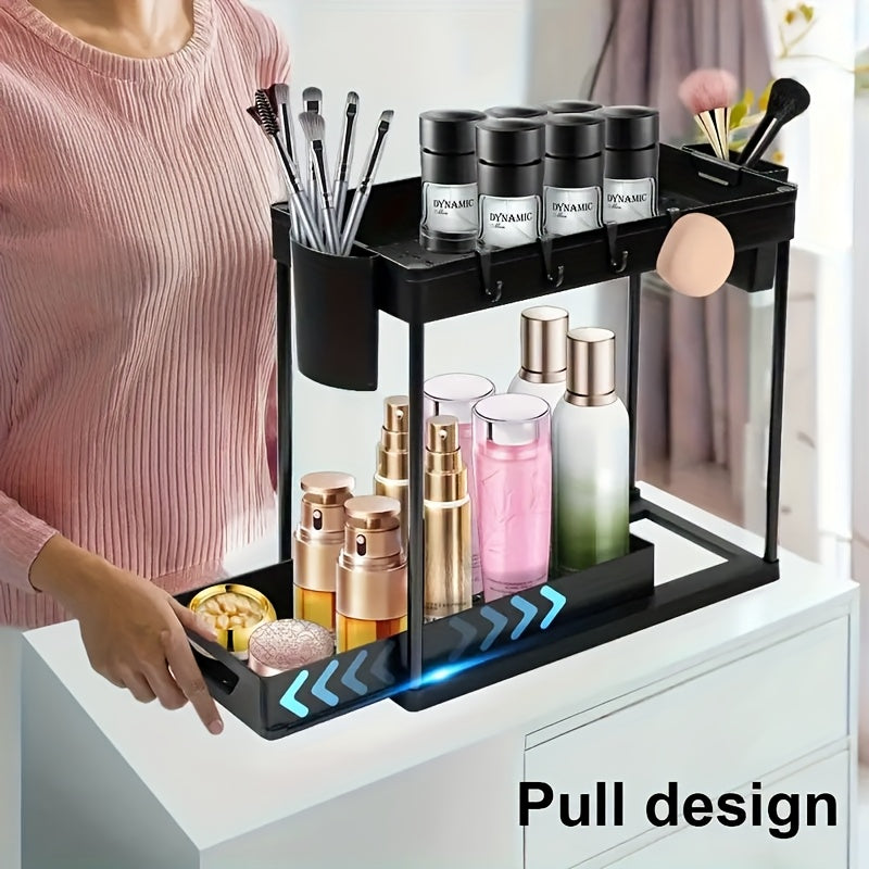 A Heavy-Duty Plastic Double-Layer Pull-Out Storage Rack with Adjustable Shelves And Pull-Out Drawers - a Space-Saving Vertical Organizer Featuring Open And Closed Shelves, Durable for Kitchen Cabinet Under-Sink Drawers, Suitable for Small Spaces