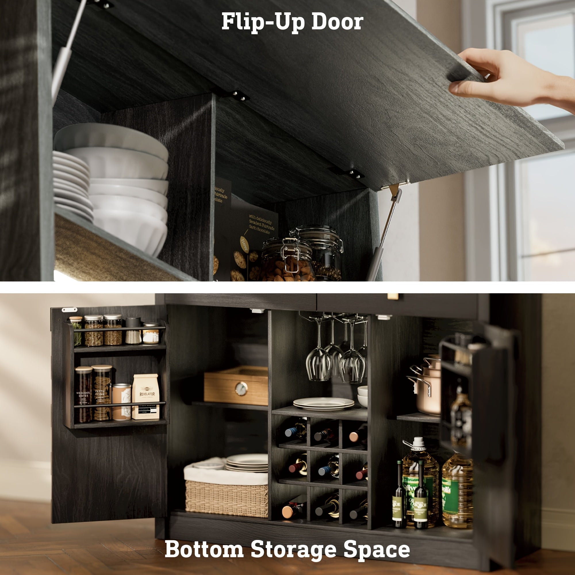 Tall Pantry Cabinet with Charging Station, Large Kitchen Hutch with Pegboard, Sideboard Buffet Cabinet with Drawers, Kitchen Cupboard with Hydraulic Flip Up Door for Dining Room