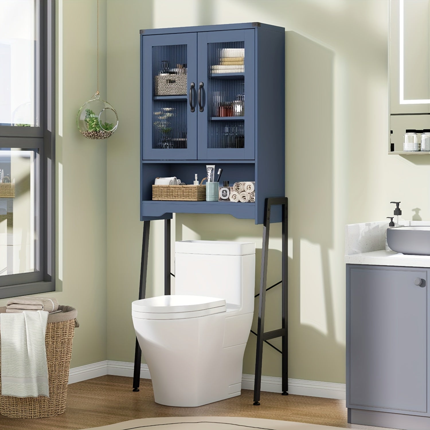 Optimize The Space in Your Bathroom! A Tall, Standalone Toilet Storage Cabinet Featuring Tempered Glass Doors And a Robust Metal Frame. It Is Adjustable And Easy to Assemble