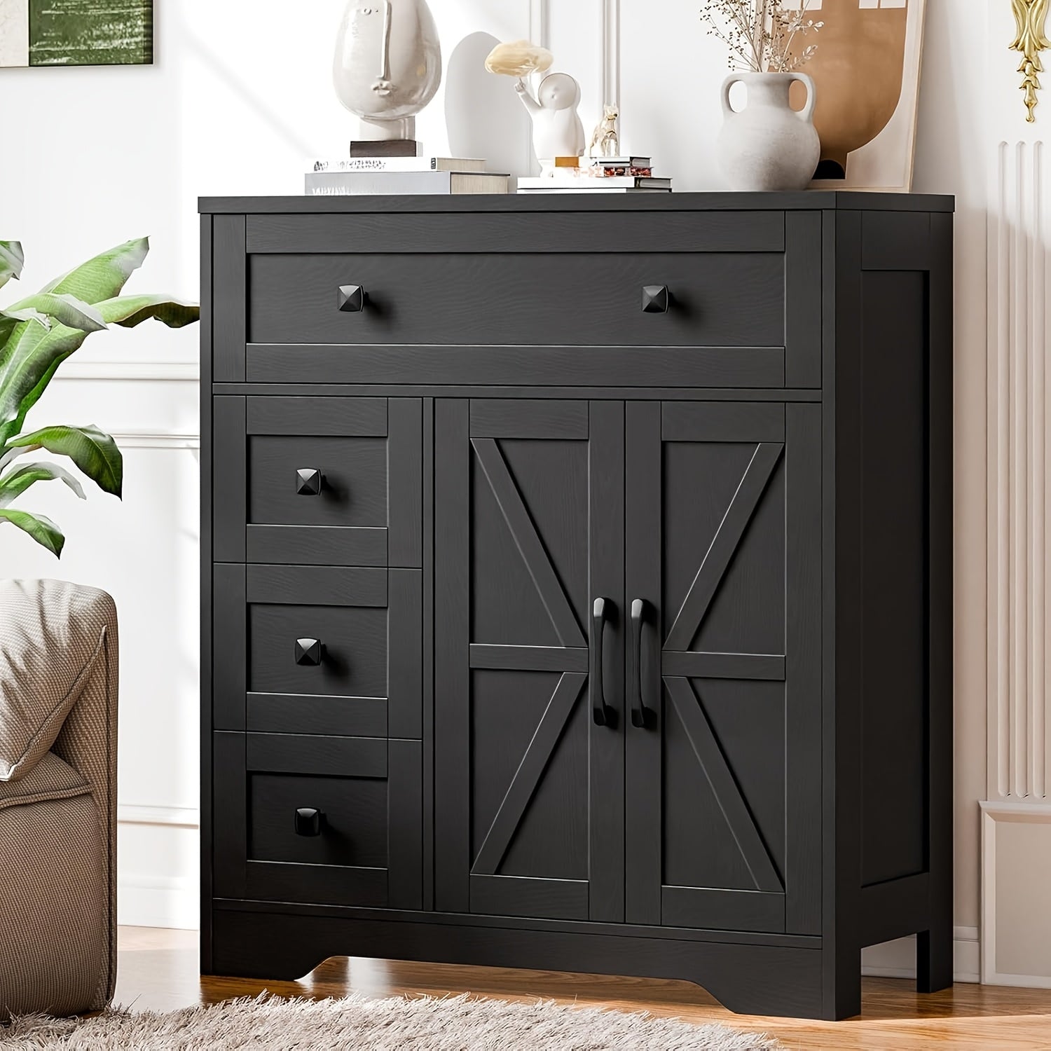 2 Door 4 Drawer Storage Cabinet Freestanding Bathroom Kitchen Organizer with Adjustable Shelves, Multi-Purpose Floor Cupboard for Living Room, Bedroom, Bathroom, Kitchen Pantry - Modern Home Storage Hutch