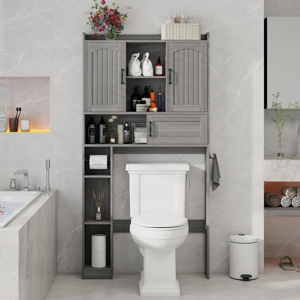 Grey Freestanding Over The Toilet Cabinet 3-in-1 Storage Organizer with Barn Doors Adjustable Shelves & Hooks Farmhouse Bathroom Storage