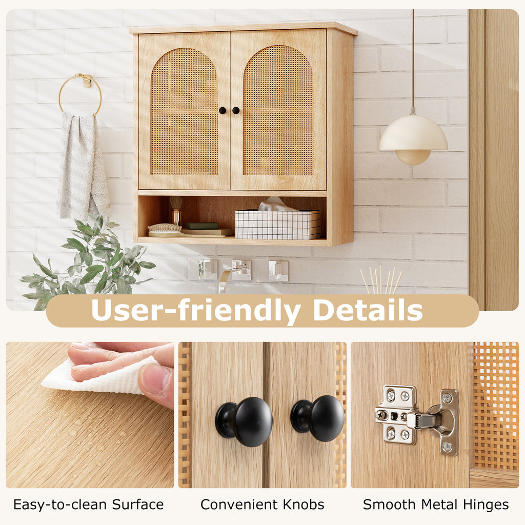 COSTWAY Bathroom Wall-Mounted Cabinet, Faux Rattan Medicine Cabinet with Adjustable Shelves & Open Cube, Open-Back Storage Cabinet Over Toilet, Storage Organizer Unit for Laundry Room, Kitchen