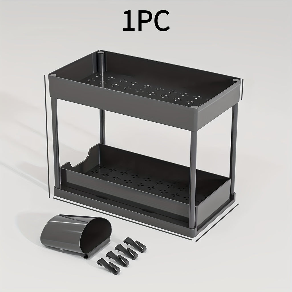 1pc Under-Sink Double Layer Storage Rack, Bathroom Kitchen Countertop Pull-Out Multifunctional Shelf with 5 Hooks