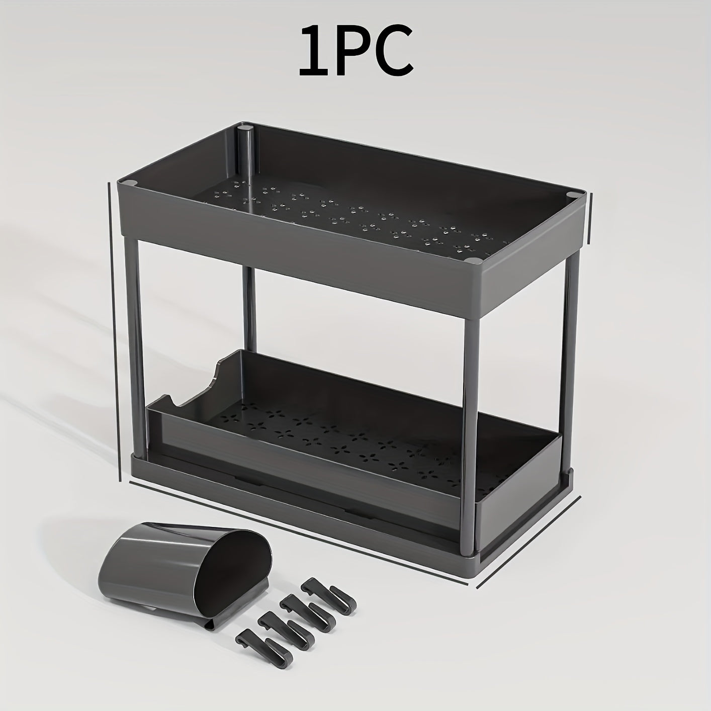 1pc Under-Sink Double Layer Storage Rack, Bathroom Kitchen Countertop Pull-Out Multifunctional Shelf with 5 Hooks