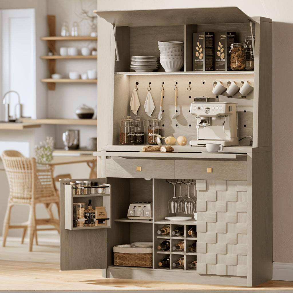 Tall Pantry Cabinet with Charging Station, Large Kitchen Hutch with Pegboard, Sideboard Buffet Cabinet with Drawers, Kitchen Cupboard with Hydraulic Flip Up Door for Dining Room