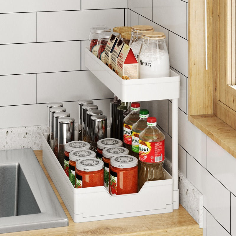 A Two-tier Pull-out Storage Rack Crafted with Meticulous Care, a Sink Countertop Organization and Storage Solution. This Bathroom Storage Shelf Is Easy to Disassemble, Featuring a Large-capacity and Portable Design. Ideal for Kitchen Storage