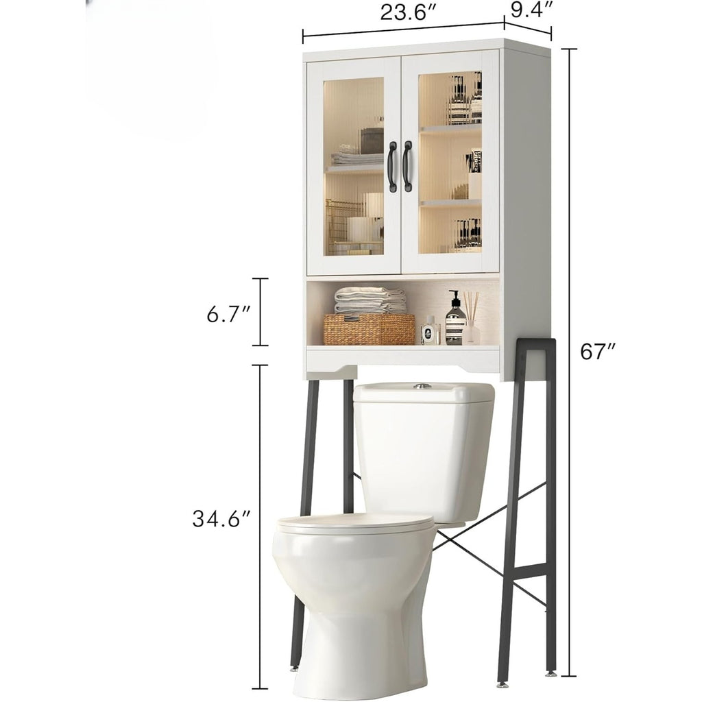 Optimize The Space in Your Bathroom! A Tall, Standalone Toilet Storage Cabinet Featuring Tempered Glass Doors And a Robust Metal Frame. It Is Adjustable And Easy to Assemble