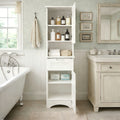 A Slender, Vertical Storage Unit for The Bathroom, Featuring Two Doors, a Drawer, And Open Shelving, Designed in a White Farmhouse Aesthetic, Suitable for The Bathroom, Laundry Area, Entryway, Or Study