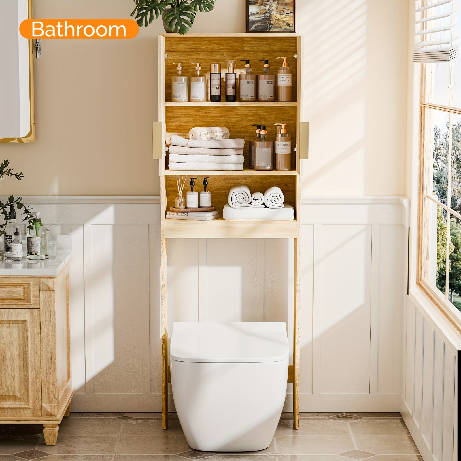 Over - Toilet Storage Cabinet, Fluted Double - Doors, 3 - Tier with Adjustable Shelf, Modern Wood Bathroom Organizer, Natural Oak Color, 41.73\