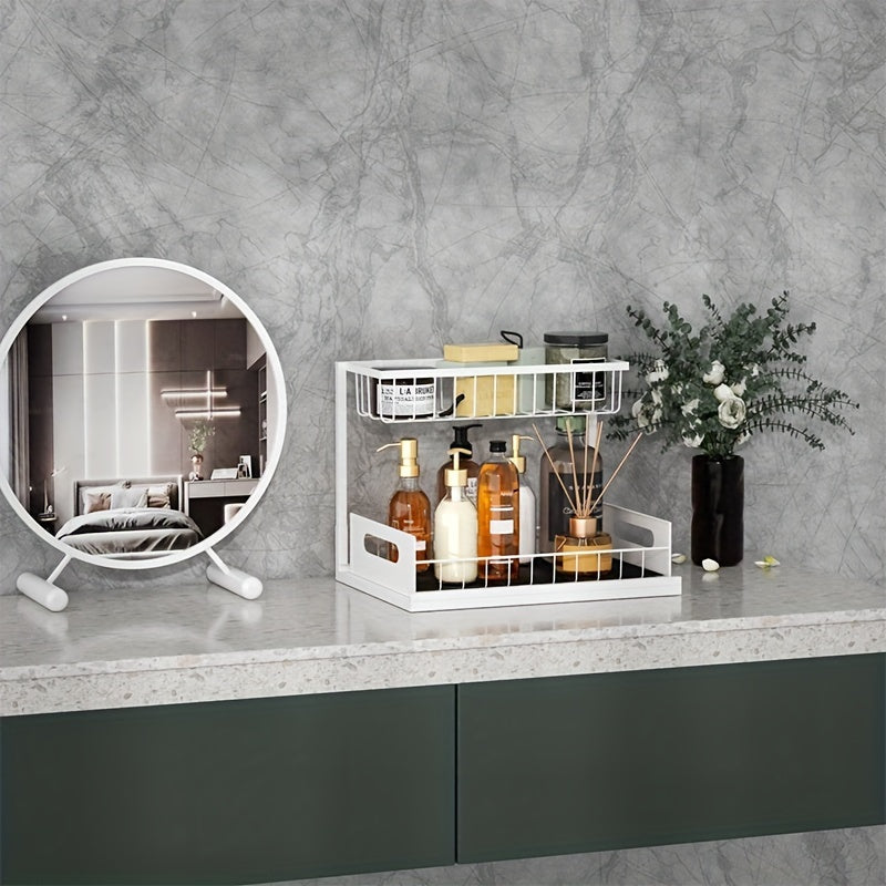 1pc Double-Layer Pull-Out Under Sink Organizer, Carbon Steel Multi-Functional Storage Shelf for Kitchen and Bathroom, Condiment Spice Rack, Medicine Box, Cosmetics Holder - Black\u002FWhite