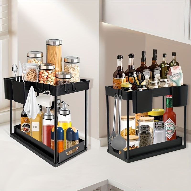 A Heavy-Duty Plastic Double-Layer Pull-Out Storage Rack with Adjustable Shelves And Pull-Out Drawers - a Space-Saving Vertical Organizer Featuring Open And Closed Shelves, Durable for Kitchen Cabinet Under-Sink Drawers, Suitable for Small Spaces