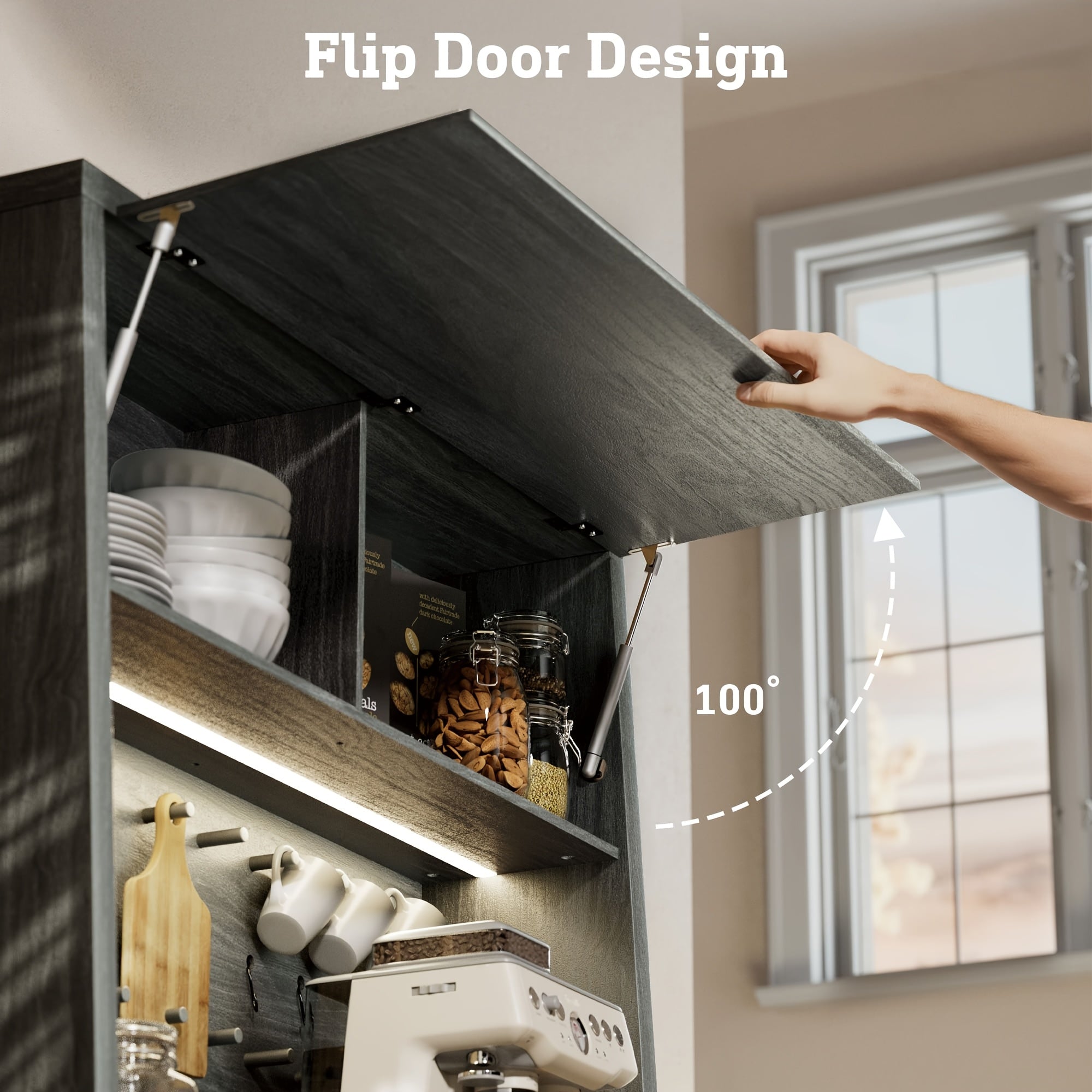 Tall Pantry Cabinet with Charging Station, Large Kitchen Hutch with Pegboard, Sideboard Buffet Cabinet with Drawers, Kitchen Cupboard with Hydraulic Flip Up Door for Dining Room