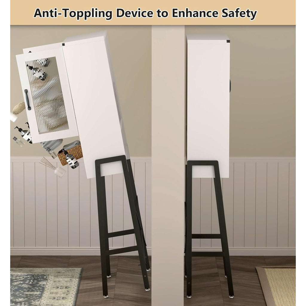 Optimize The Space in Your Bathroom! A Tall, Standalone Toilet Storage Cabinet Featuring Tempered Glass Doors And a Robust Metal Frame. It Is Adjustable And Easy to Assemble