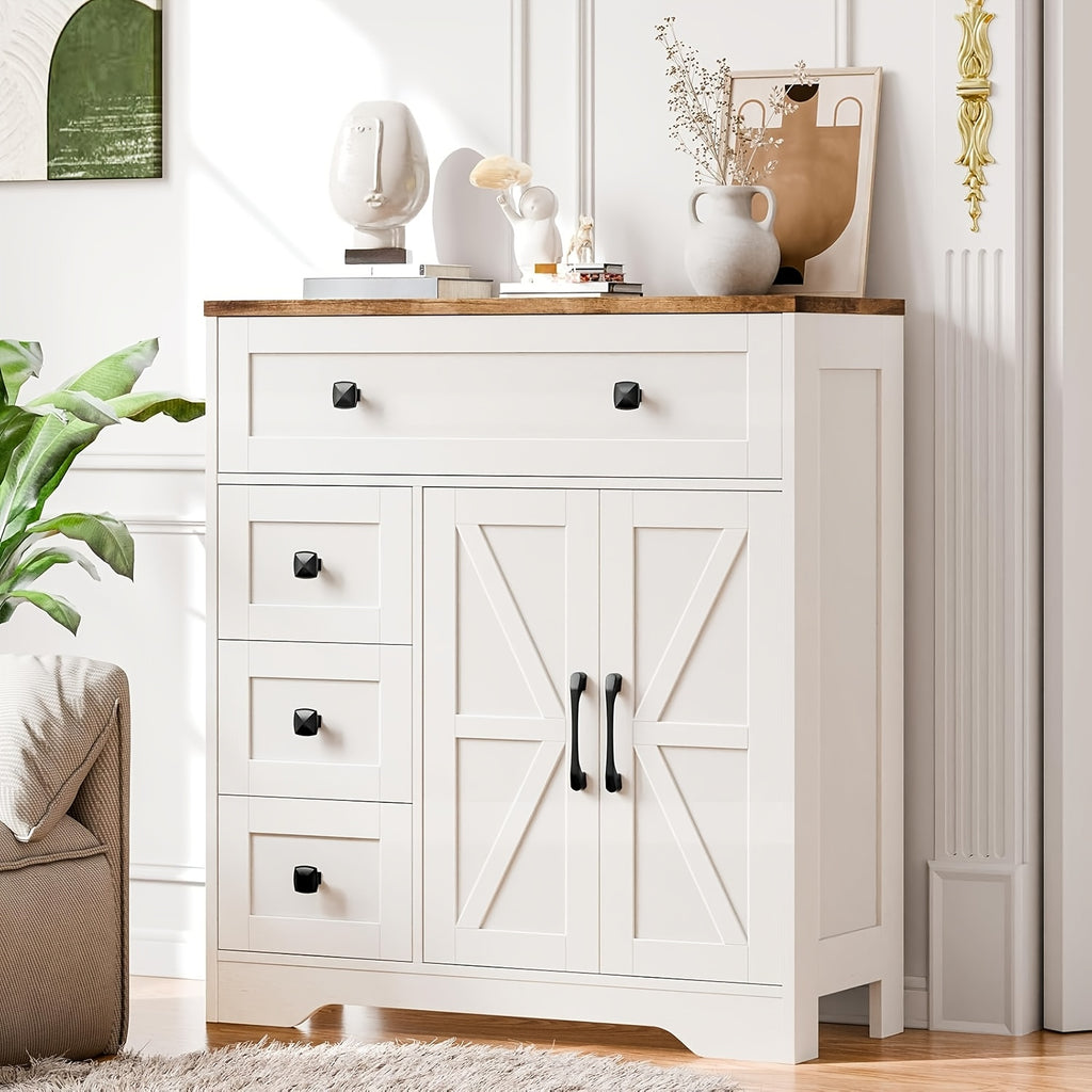 2 Door 4 Drawer Storage Cabinet Freestanding Bathroom Kitchen Organizer with Adjustable Shelves, Multi-Purpose Floor Cupboard for Living Room, Bedroom, Bathroom, Kitchen Pantry - Modern Home Storage Hutch