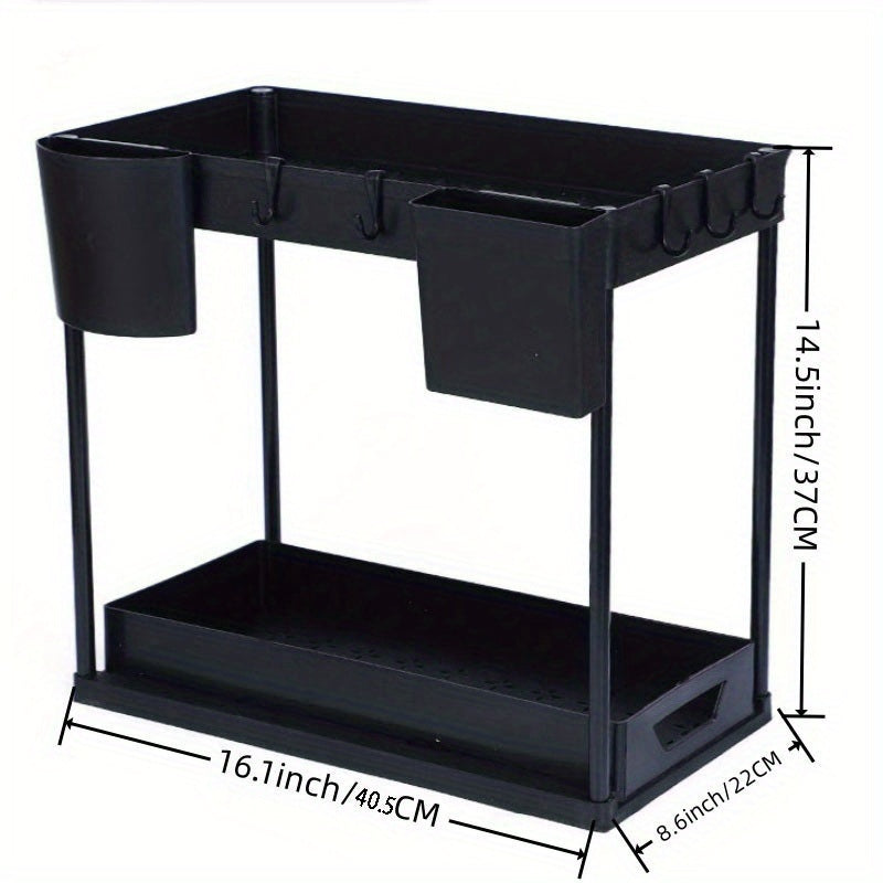 A Heavy-Duty Plastic Double-Layer Pull-Out Storage Rack with Adjustable Shelves And Pull-Out Drawers - a Space-Saving Vertical Organizer Featuring Open And Closed Shelves, Durable for Kitchen Cabinet Under-Sink Drawers, Suitable for Small Spaces