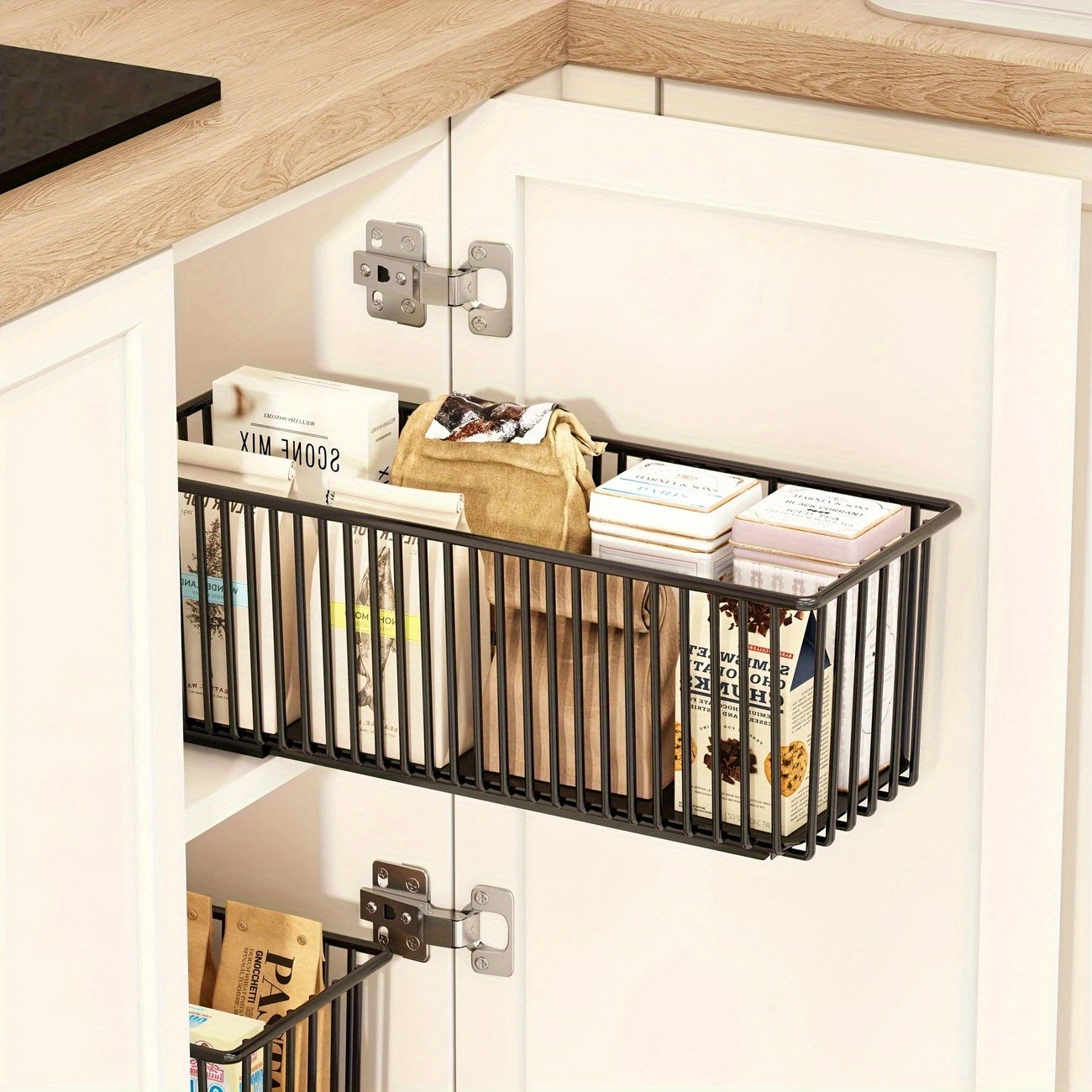 2pcs Black Metal Basket 2pcs Pull-Out Cabinet Storage Basket, Black Metal Drawer, Suitable for Kitchen and Bathroom, Sink Shelf Design With Multiple Compartments for Storing Spices, Jars, and Bottles, Minimalist Black Appearance