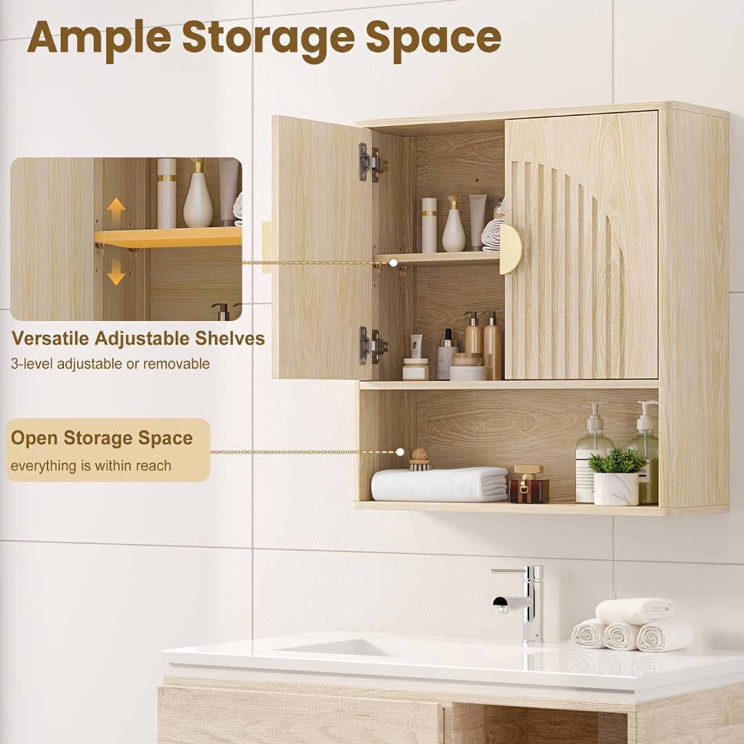 24.4-Inch Modern Recessed Bathroom Wall Cabinet with Golden Handles, Storage Cabinet Above The Toilet, Featuring Adjustable Shelves And Open Shelving, Suitable for Bathrooms, Vanities, And Laundry Rooms