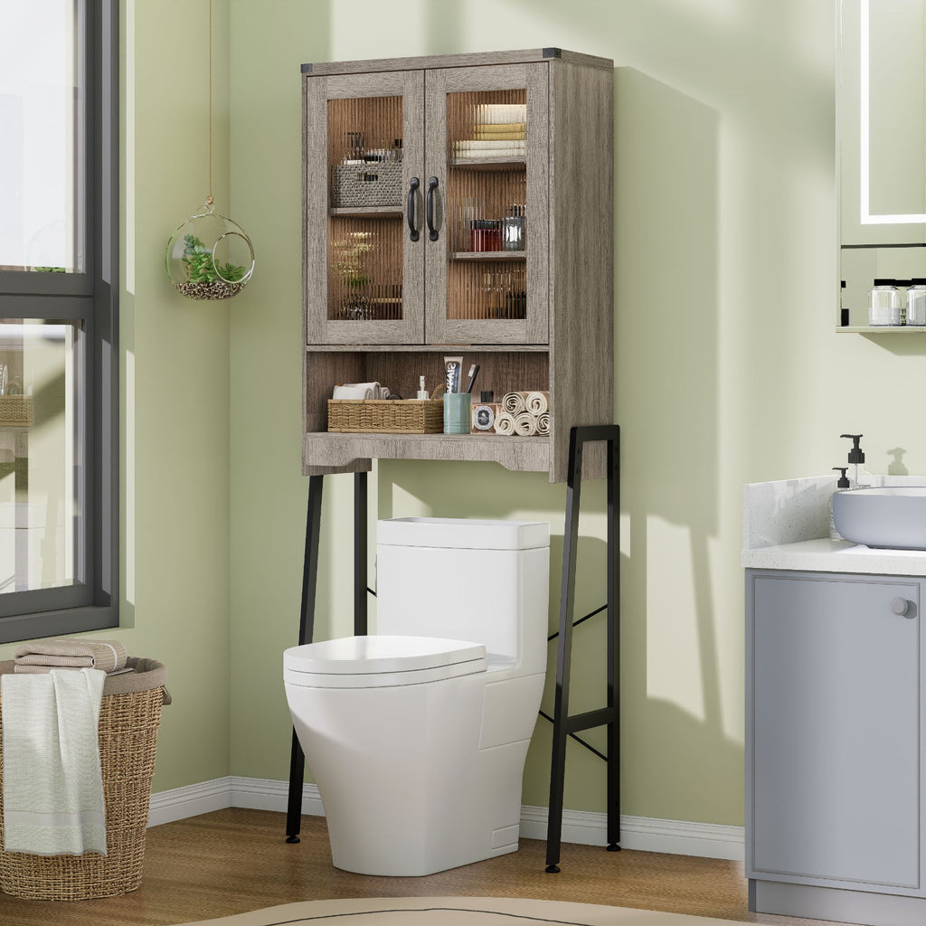 Optimize The Space in Your Bathroom! A Tall, Standalone Toilet Storage Cabinet Featuring Tempered Glass Doors And a Robust Metal Frame. It Is Adjustable And Easy to Assemble