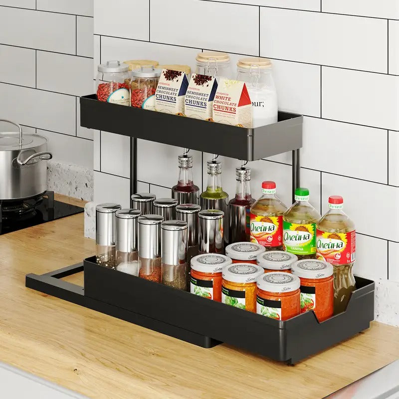 A Two-tier Pull-out Storage Rack Crafted with Meticulous Care, a Sink Countertop Organization and Storage Solution. This Bathroom Storage Shelf Is Easy to Disassemble, Featuring a Large-capacity and Portable Design. Ideal for Kitchen Storage
