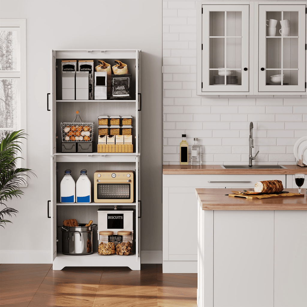 70-inch Tall Modern Farmhouse Pantry Cabinet with 4 Barn Doors & Adjustable Shelves - White Suitable for Kitchen, Living Room Storage,, Assembly, Housewarming Gift for Home, Bedroom, Entryway Organization