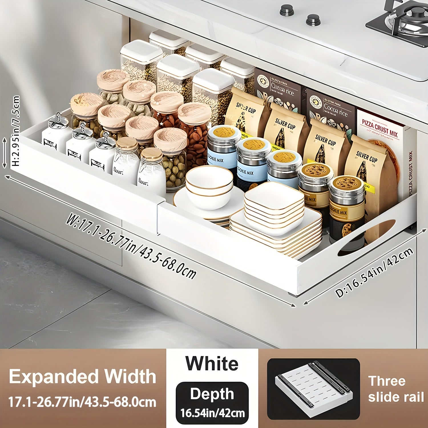 Pull-out Drawer Organizer, Expandable Single-layer Sliding Drawer Organizer for Kitchen Cabinets, Expandable Pull-out Drawer, Cabinet Organization Storage Drawer, Multi-functional Application Scenario Storage Cabinet