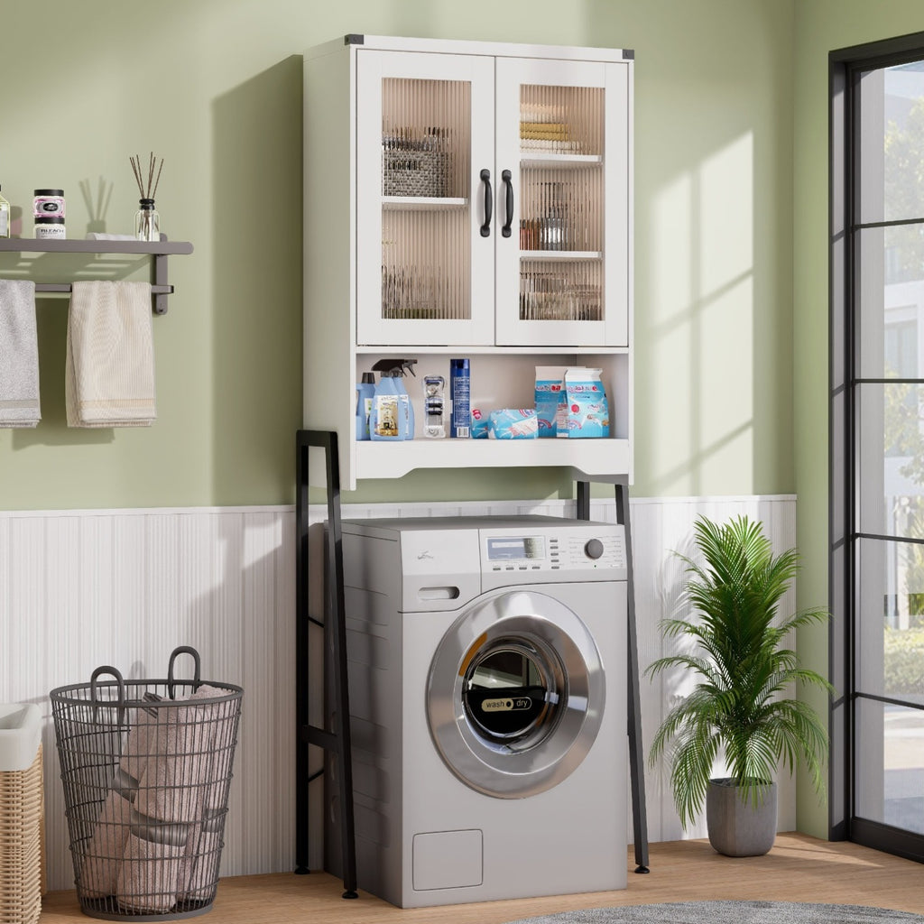 Optimize The Space in Your Bathroom! A Tall, Standalone Toilet Storage Cabinet Featuring Tempered Glass Doors And a Robust Metal Frame. It Is Adjustable And Easy to Assemble