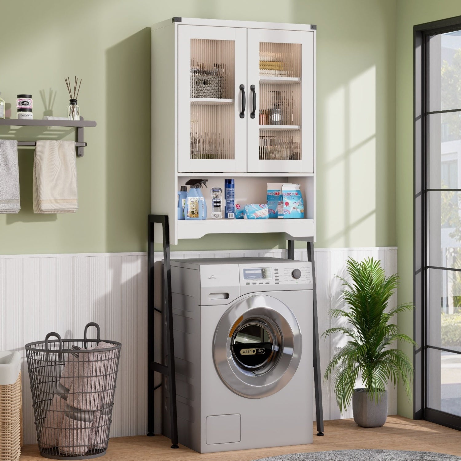 Optimize The Space in Your Bathroom! A Tall, Standalone Toilet Storage Cabinet Featuring Tempered Glass Doors And a Robust Metal Frame. It Is Adjustable And Easy to Assemble