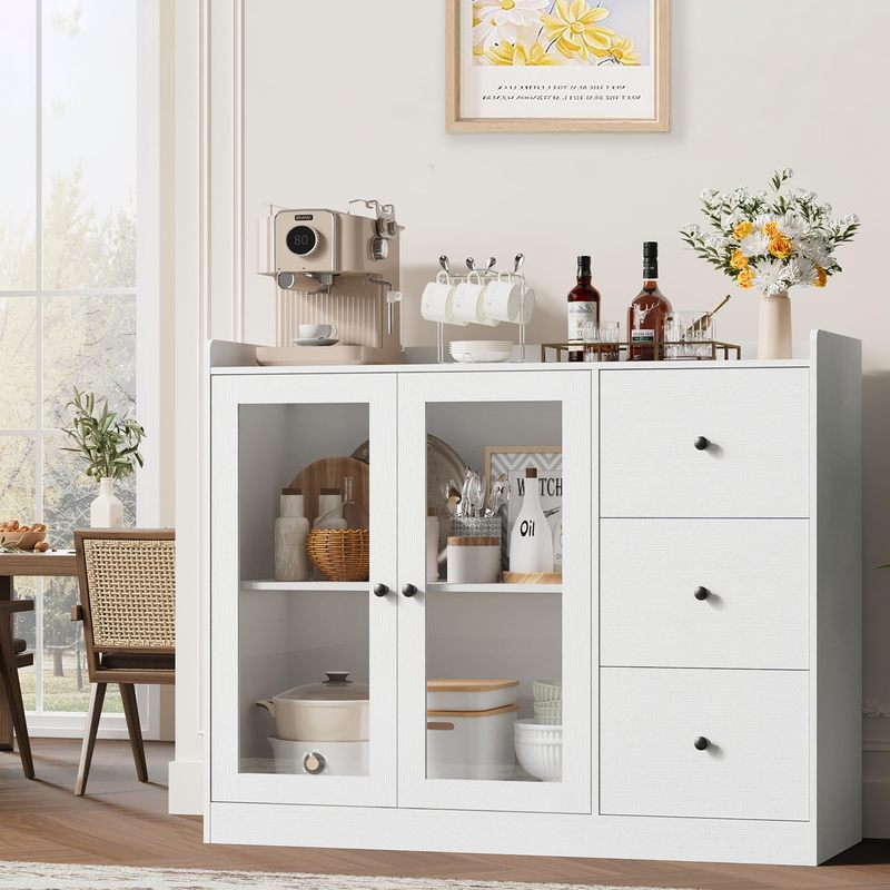 35-Inch White Kitchen Hutch Cabinet with 3 Drawers, Freestanding Coffee Bar and Food Pantry Storage, Countertop Included for Living and Dining Rooms