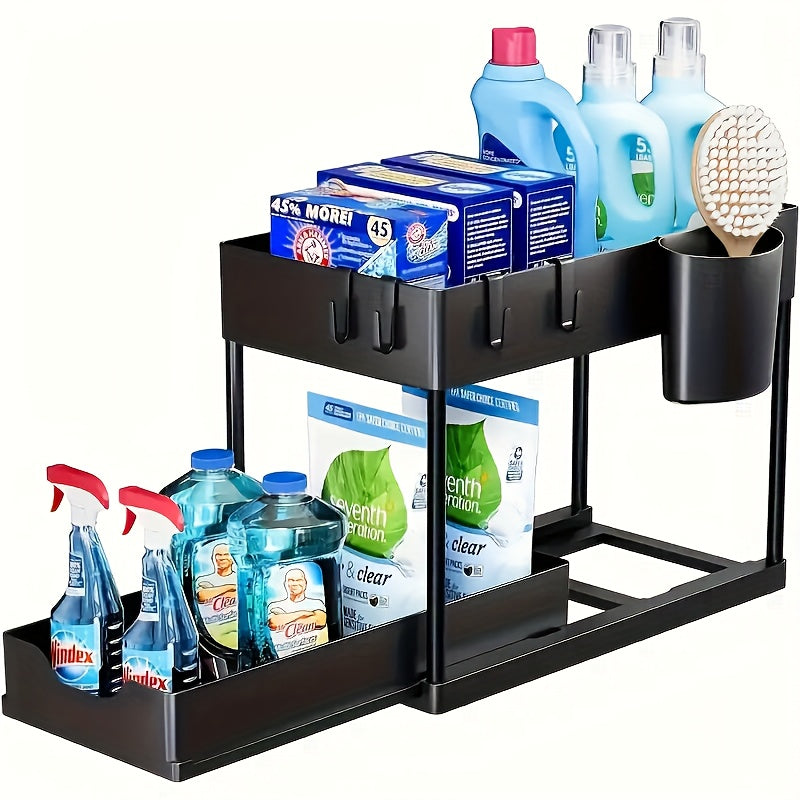 1pc Under-Sink Double Layer Storage Rack, Bathroom Kitchen Countertop Pull-Out Multifunctional Shelf with 5 Hooks
