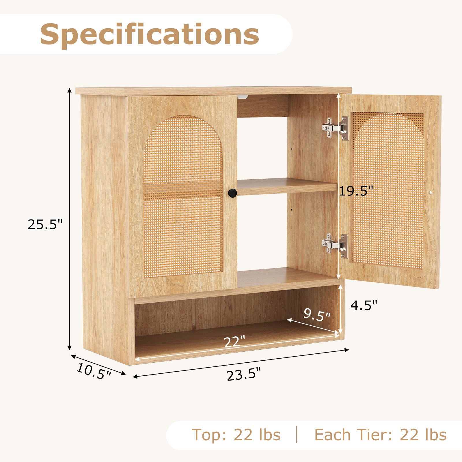 COSTWAY Bathroom Wall-Mounted Cabinet, Faux Rattan Medicine Cabinet with Adjustable Shelves & Open Cube, Open-Back Storage Cabinet Over Toilet, Storage Organizer Unit for Laundry Room, Kitchen