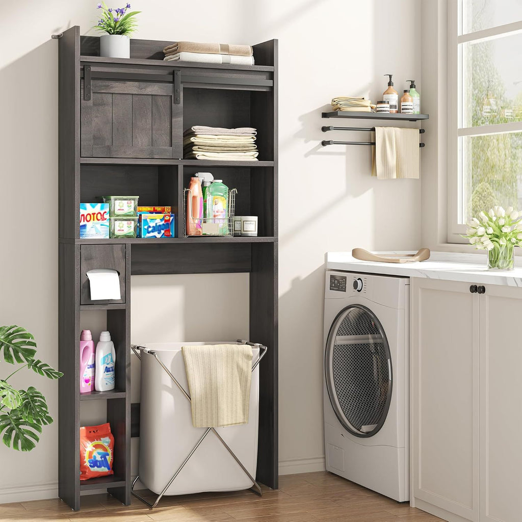 Semoic Over The Toilet Storage Cabinet, Over The Toilet Shelf with Sliding Door& Toilet Paper Holder Stand, Bathroom Above Toilet Storage, Home Space-Saving Toilet Rack for Bathroom, Restroom, Grey